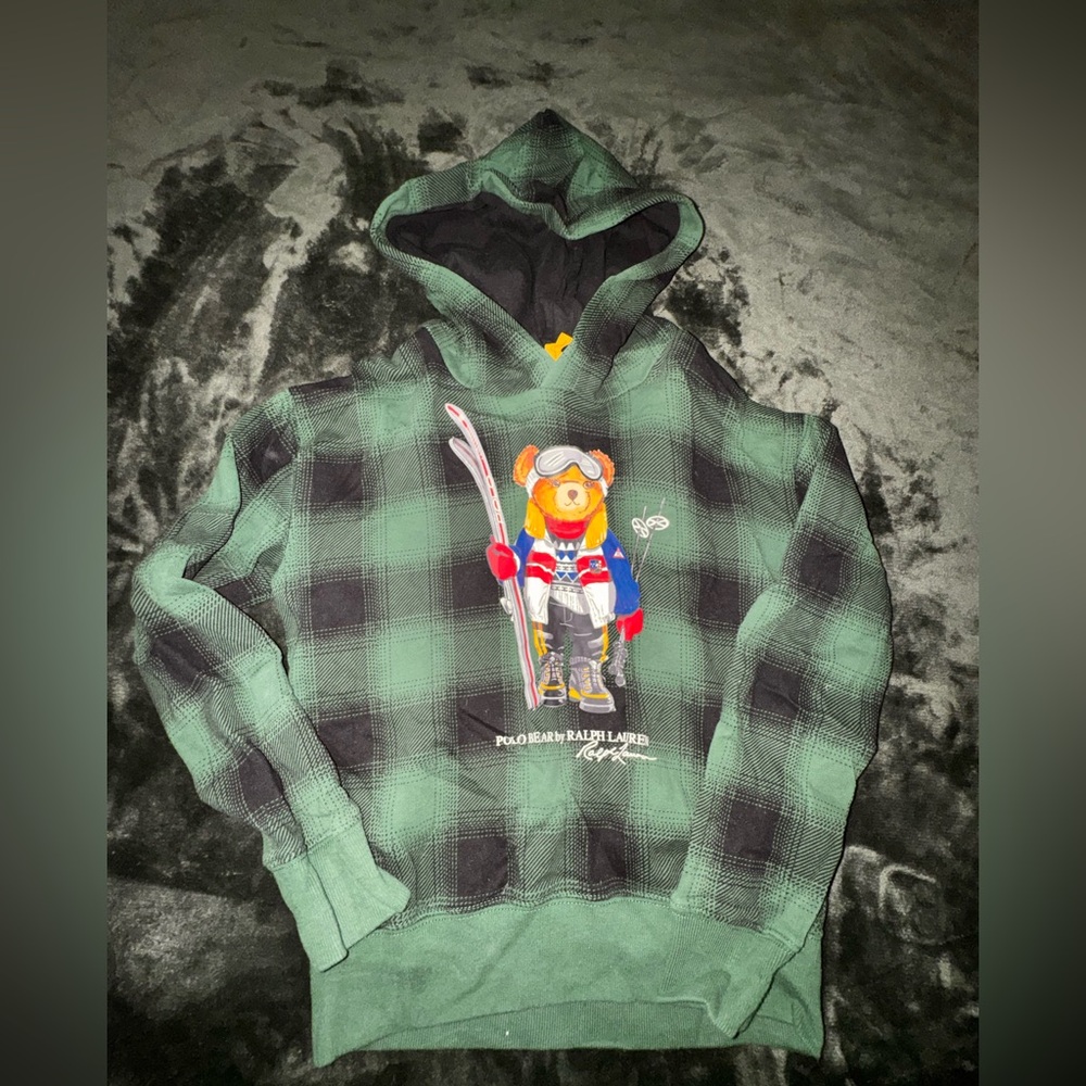 Kids Polo by Ralph Lauren Bear Graphic Green Plaid Hoodie